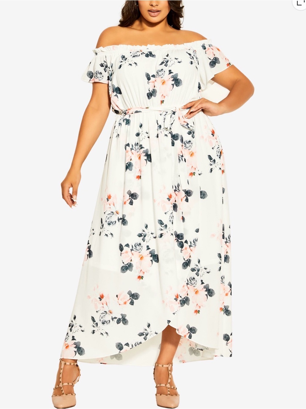 City Chic Off-Shoulder White Floral Asymmetrical Maxi Dress
